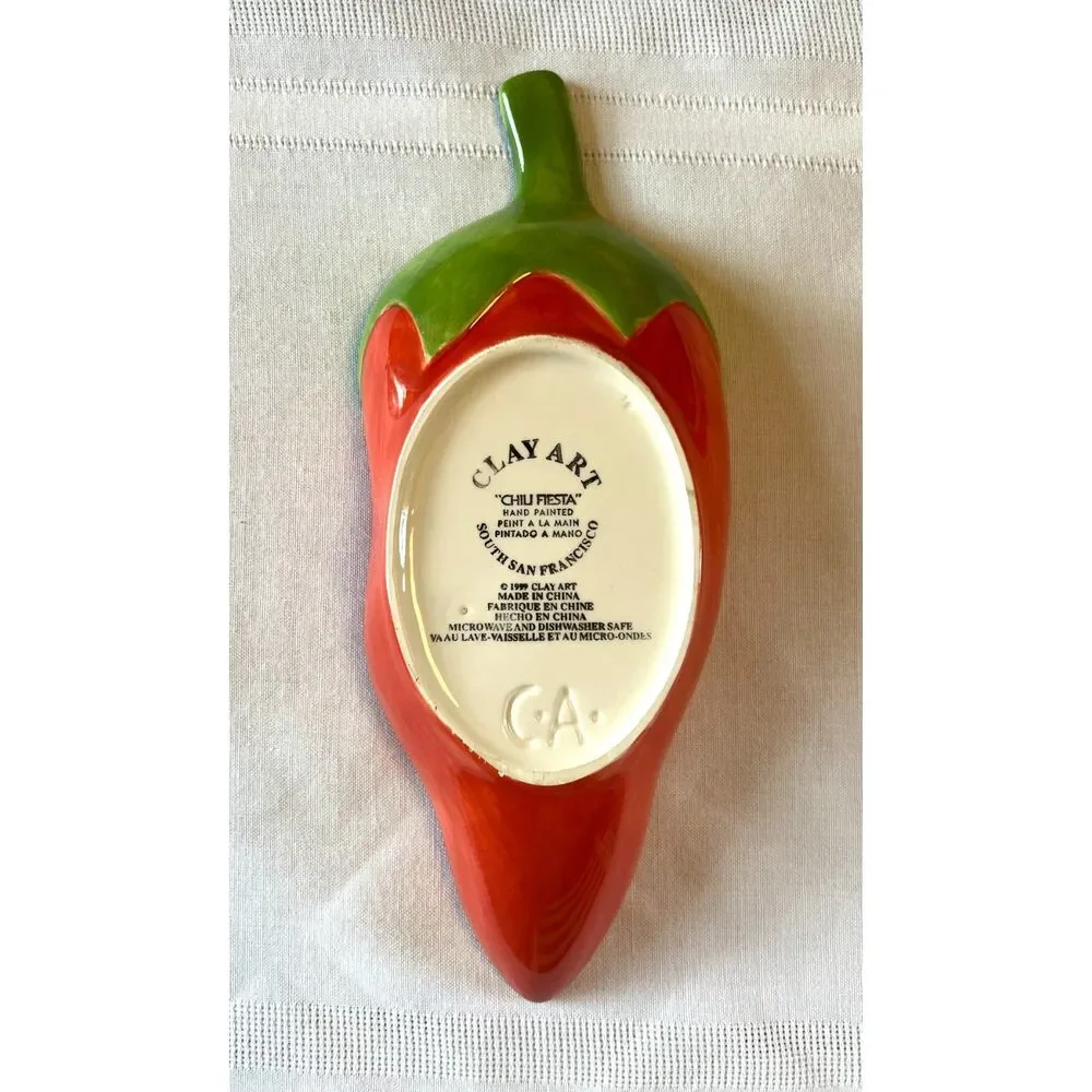 Clay Art 1999 Chili Fiesta Red and Green Handpainted Ceramic Tray Set